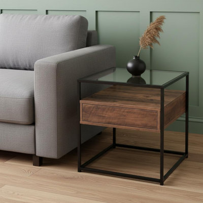  Table de bout en fer et en verre noir contemporain 22 "avec tiroir et tablette