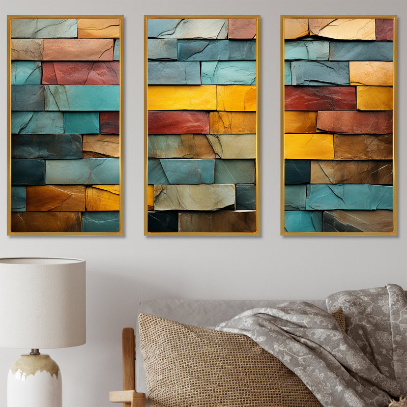 Boho Earth Element Stones Mosaic II - Boho mosaïque murale, art mural, Cadre flottant doré, H 28 po x l 36 po x P 1 po