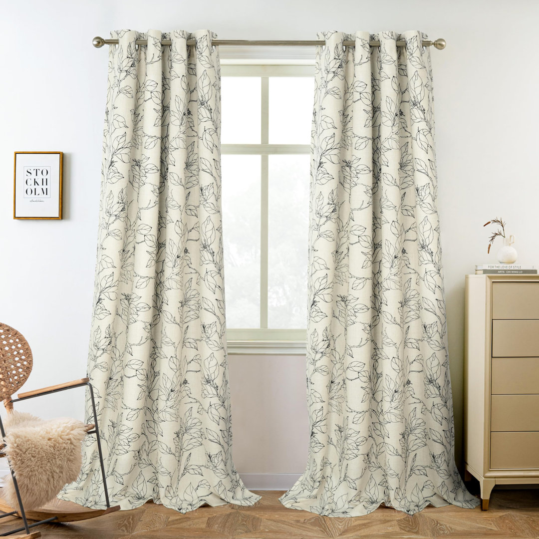 Floral 100% Blackout Curtains Linen Look Room Darkening Thermal Insulated Grommet Curtains (Set of 2) Lark Manor™