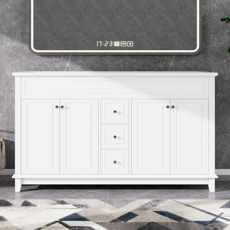 Meuble-lavabo de 58 po sans lavabo, armoire seulement, 3 tiroirs et 4 portes, système de fermeture en douceur, pieds en bois massif