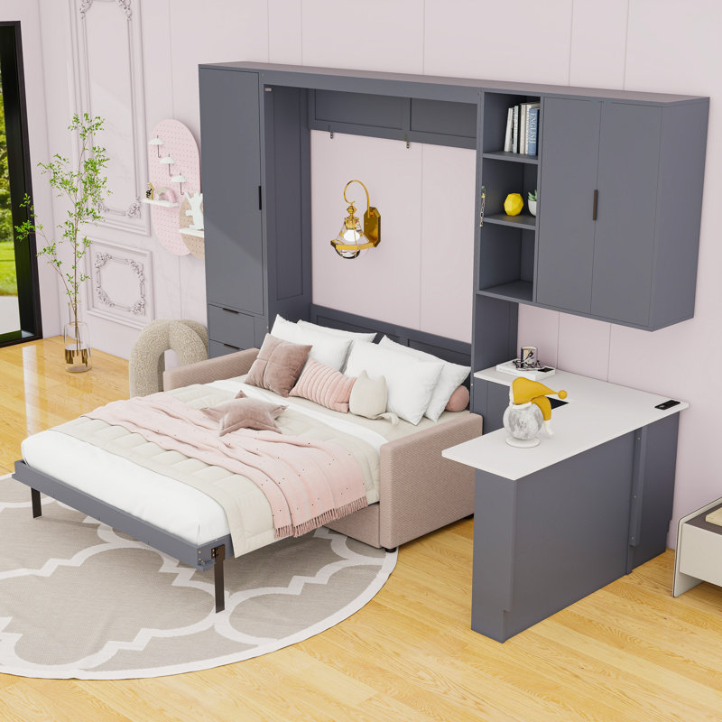 Queen Wooden Wall Murphy Bed with Sofa, LED Strip, USB Ports and Drawers, Gris foncé
