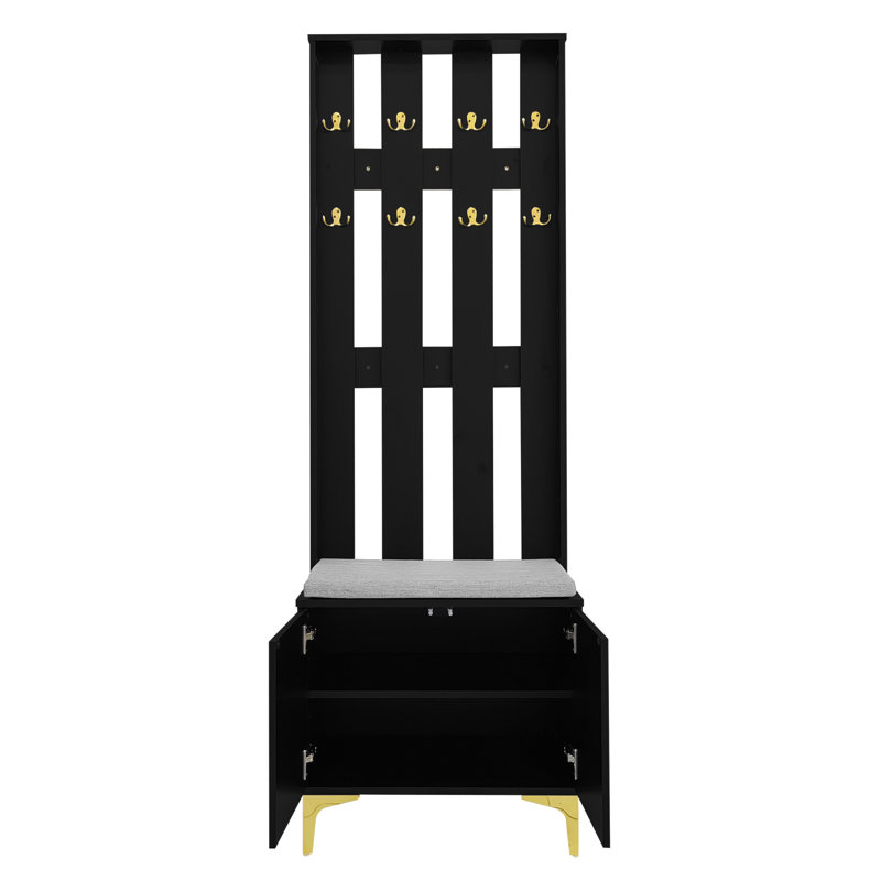 Modern Ribbed Hall Tree With Shoe Storage, Hallway Unit With Padded Bench, Hall Stand With 8 Gold Hooks, Black