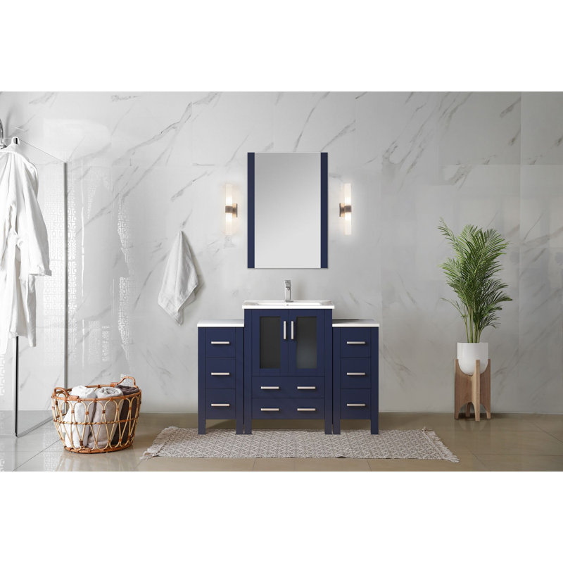 Volez 48 in W x 18.25 in D Single Bath Vanity with Side Cabinet, White Ceramic Top and 34 in Mirror, Navy Blue