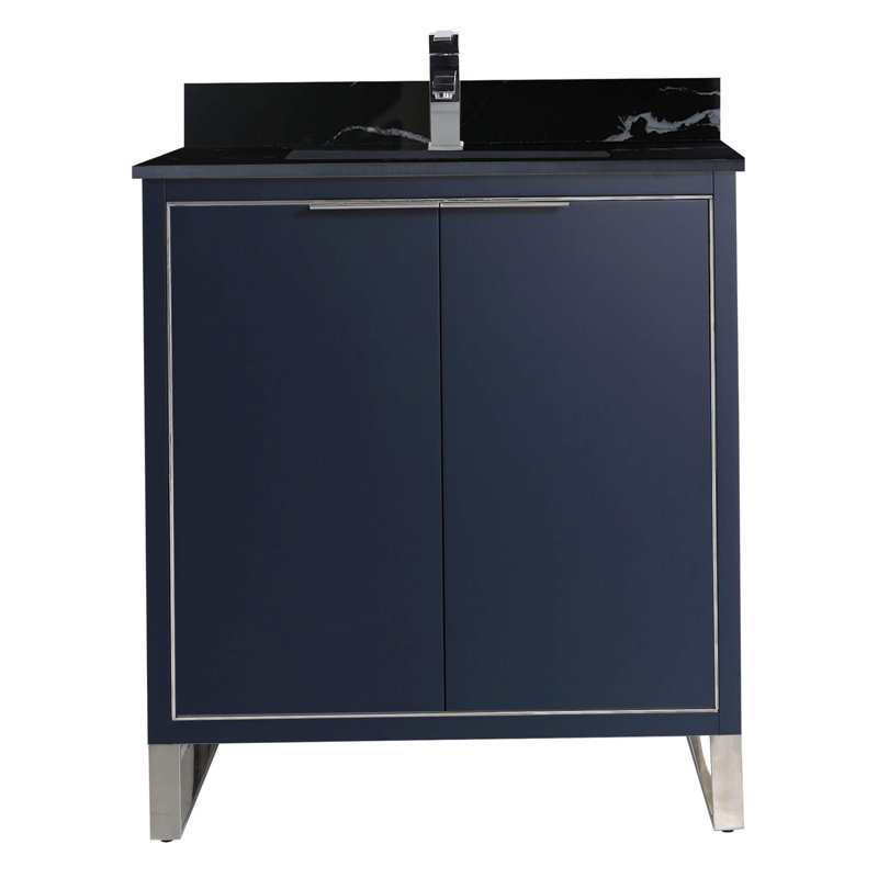 Gesa 30'' Single Bathroom Vanity with Stone Top, Navy Blue, Chrome