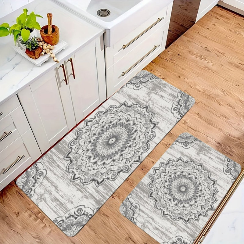 Tapis de cuisine gris Mandala, 2 tapis bohémiens pour la cuisine et le couloir