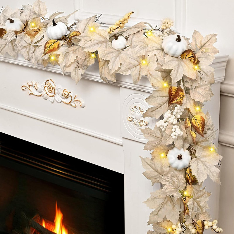 Guirlande d'automne de 5,8 pi avec lumières et manteau de cheminée avec des citrouilles pour la maison