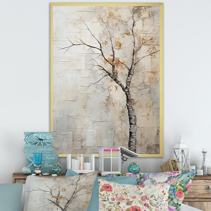 Minimalisme sycomore arbre paysage IV, reproduction sur toile, Cadre doré simple, H 44 po x l 34 po x P 1,5 po