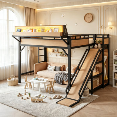 Lit mezzanine en métal avec glissière et tablettes de rangement pour dortoir, lit mezzanine haut avec tablette supérieure et charge USB et lumière DEL, grand lit, naturel