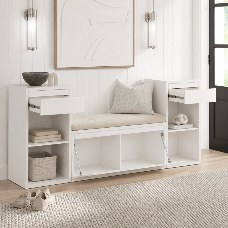 Banc de rangement tout-en-un avec coussin, compartiments, tiroirs et tablettes ouvertes, banc de rangement, Blanc