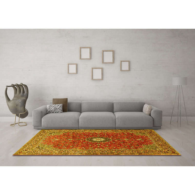 Tapis traditionnels jaunes 1174 lavables à la machine, Rond 3 pi