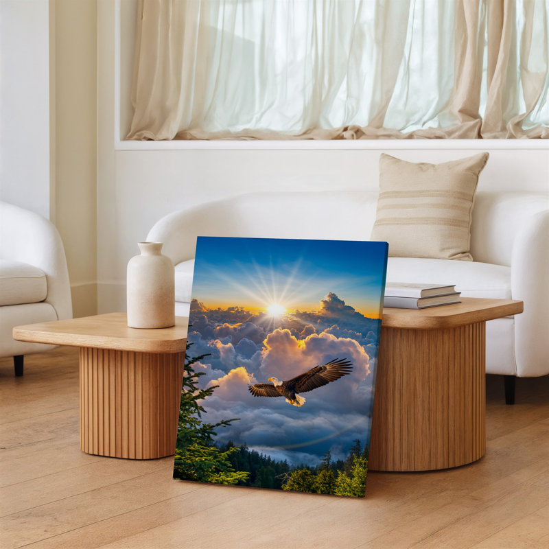 Reproduction d'art sur toile, "Aigle chauve majestueux" gracieusement à travers un ciel vibrant rempli de nuages dorés moelleux illuminés par un radiant