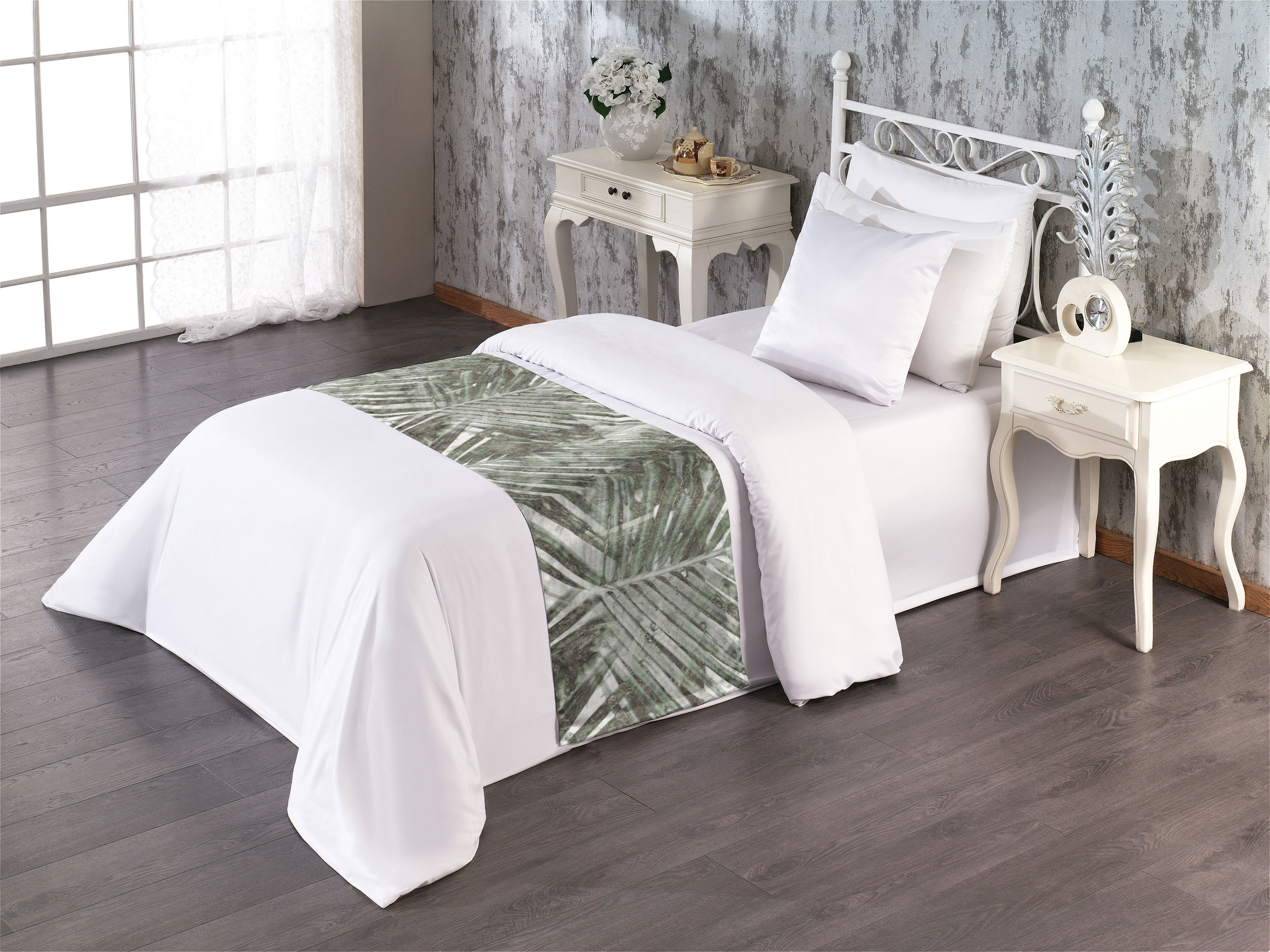 Ambesonne Palm Tree Bed Runner & 2 Shams Set – 88"x19.5" Runner, 20" Shams, Pale Sepia & Multicolor, Satin Polyester
