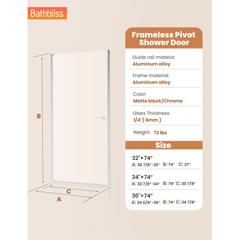 34" W X 74" H Pivot Frameless Shower Door, 1/4" (11Mm) Tempered Glass Door, Chrome