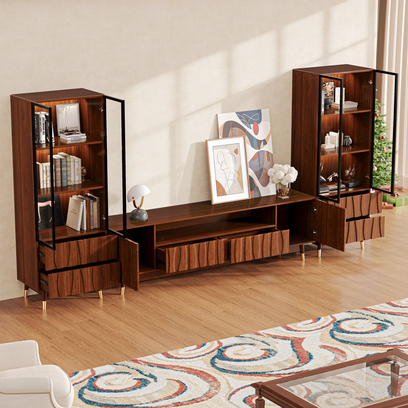 Meuble audio-vidéo en bois de style Mid-Century 125,9 po avec meuble télé avec rangement et deux présentoirs à 3 niveaux avec 2 tiroirs pour le salon et la chambre à coucher, brun