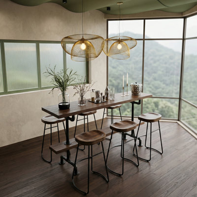 71" Industrial Bar Table Set With 6 Stools – Wood Veneer Top & Metal Base Counter Height Dining Set