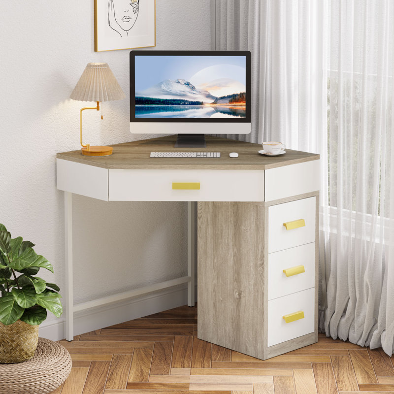 Bureau en coin avec 4 tiroirs, Natural/White