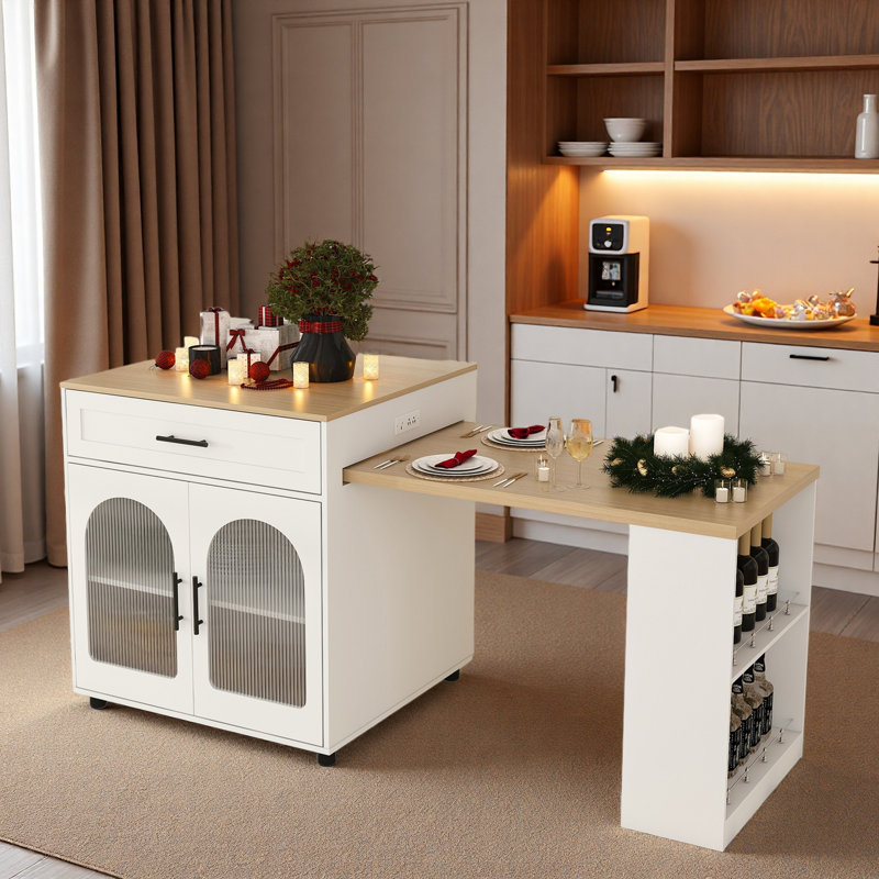 Expandable Kitchen Island With Dining Table, Power Outlet, 2 Drawers, Open Shelves And Movable Wheels, White