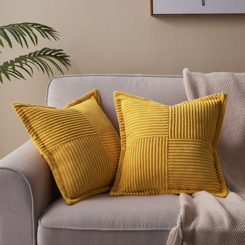 Housse de coussin carré en velours côtelé, H 18 po x l 18 po, Jaune