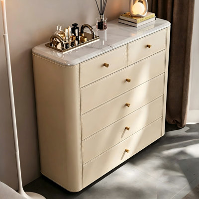 Commode de luxe 31,5 po à 6 tiroirs, armoire de rangement avec dessus en pierre micro-cristalline et façades de tiroirs en cuir pleine fleur 31,50 po