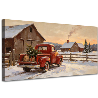 Christmas Wall Art Rustic Truck Canvas Prints Vintage Winter Barn Pictures Snowy Landscape Painting Farmhouse-Style Artwork Decor Large Ready to Hang Print for Living Room Bedroom Fireplace, 16x32 inches
