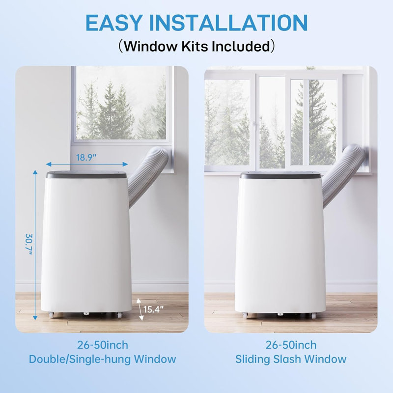 Climatiseur portatif 14 000 BTU avec télécommande, 3 vitesses, mode veille, minuterie 24H, ultra-silencieux, refroidit jusqu'à 750 pieds carrés Pi. Installation facile