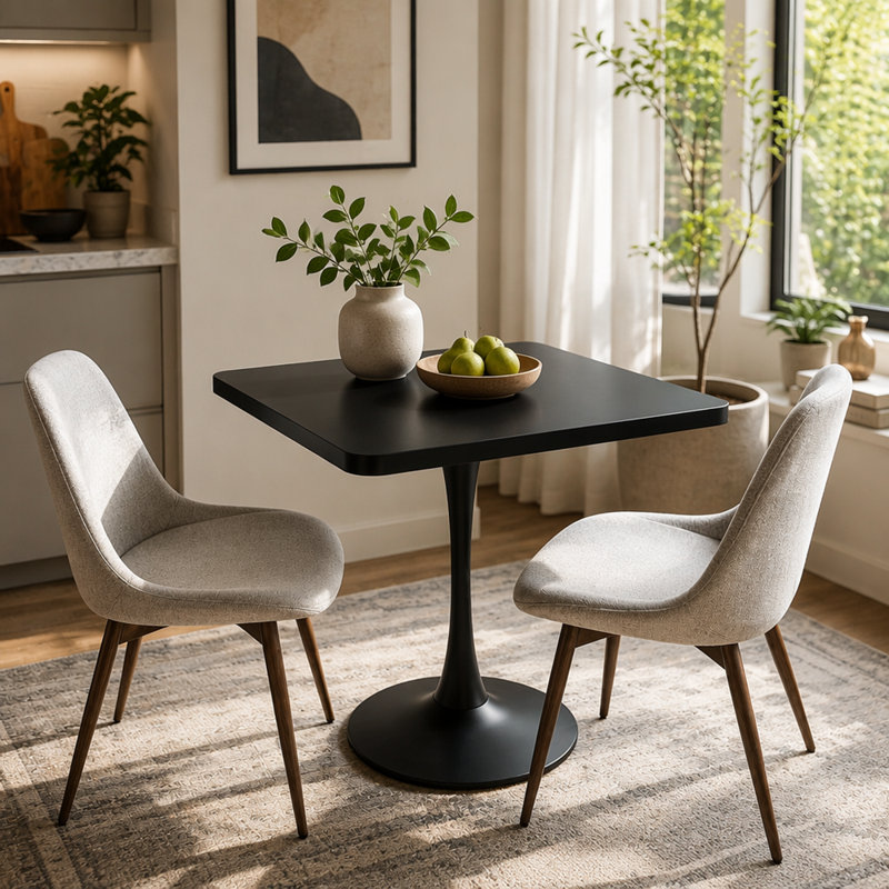 Table carrée carrée, table tulipe de 27,6 po avec plateau de table à bord épaissi et piédestal en métal, table bistro moderne Mid-Century pour la cuisine, les petits espaces, le salon et le café