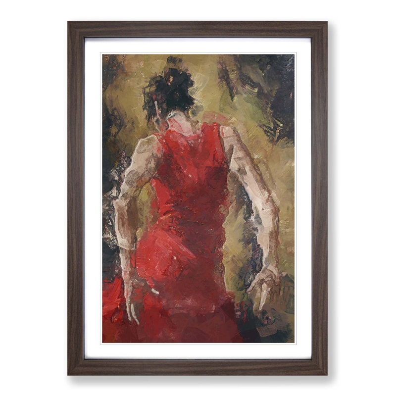 Spanish Flamenco Dancer in Abstract - Picture Frame Painting Print on MDF, Walnut Framed, 65cm H x 48cm W x 2cm D