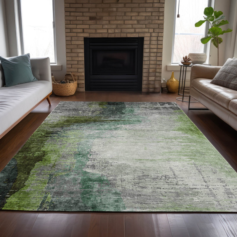 Machine Washable Indoor/Outdoor Xhevrie Green Rug, Rectangle 5' x 7'6"