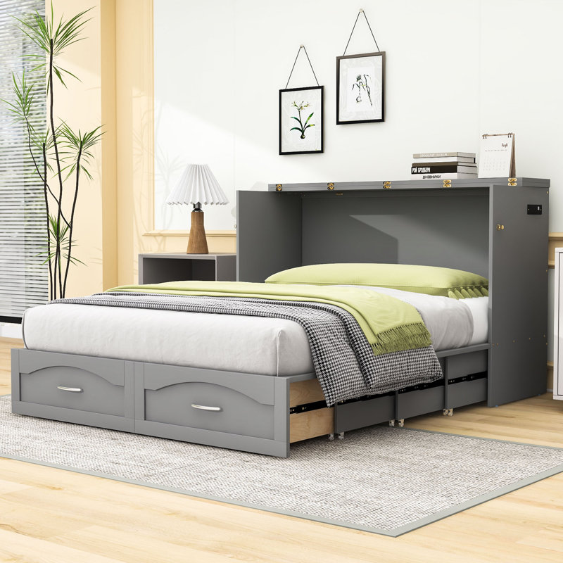 Lit escamotable mural 2 tiroirs avec prises de courant, poulie et ports USB, Gris