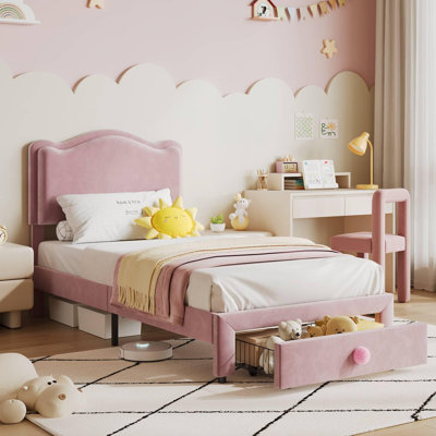 Upholstered Twin Bed Frame with Storage Drawer & Scallop Headboard