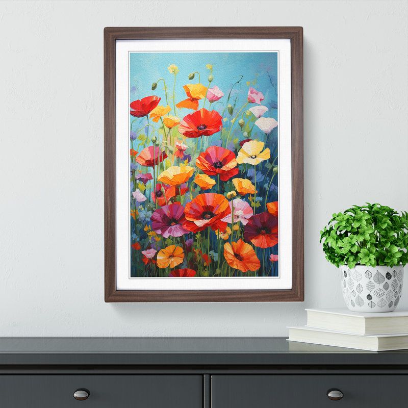 Poppy Flower Colour Field - Single Picture Frame Print on Wood, 46cm H x 34cm W x 2cm D, Walnut Framed