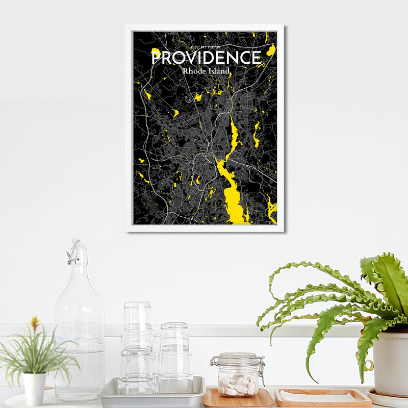 Providence, carte de la ville, impression, H 24 po x l 18 po, Noir/jaune