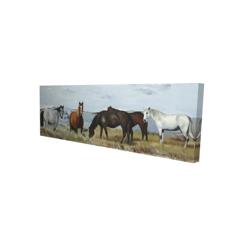 Toile rustique pour chambre à coucher | Chevaux mangeant dans un pré, art mural