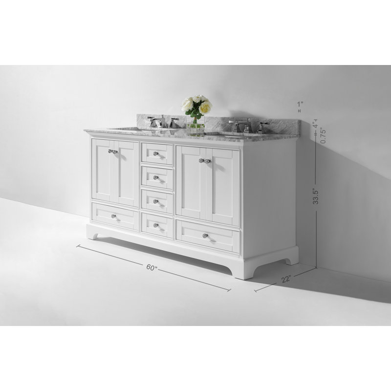 Audrey 60'' W Double Vanity, White, Carrara White, Brushed Nickel