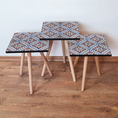 Elegant Nesting Table Set (3 Pieces), Navy Blue & Claret Red, 13.8 x 20.5 x 13.8 in | 100% MDF with Beech Wood Legs | Stylish Ethnic Geometric Design, Perfect for Living Room & Home Decor