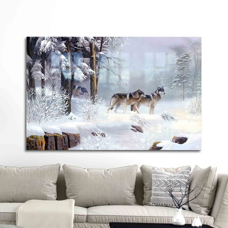 Superbe art mural en verre trempé représentant un paysage de forêt avec trois loups pour une décoration intérieure élégante