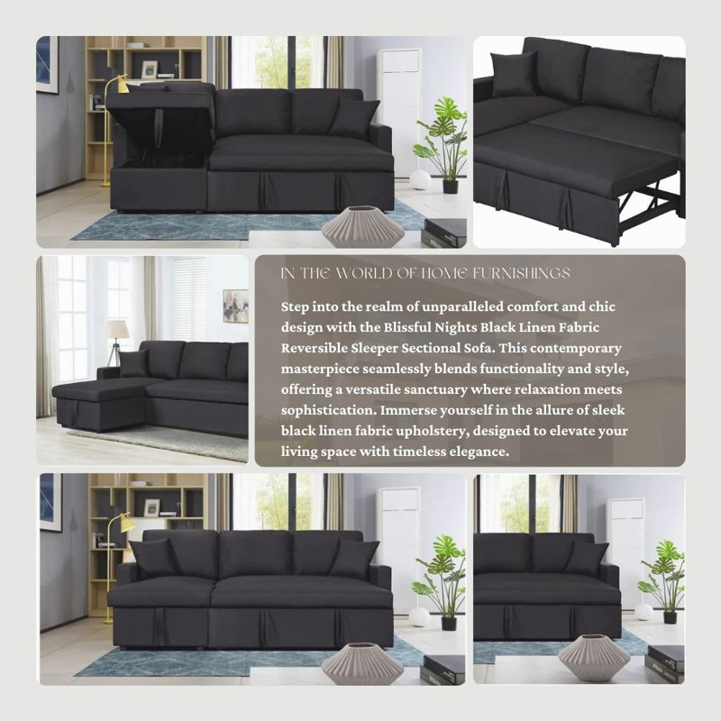 McCoole Fabric Reversible Sleeper Sectional Sofa with Storage Chaise, Black Linen Blend