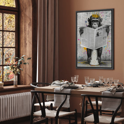 Monkey King on Toilet Reading Newspaper Picture, Urban Street Art Style Funny Framed Canvas Wall Art Print for Bold and Funky Bathroom Wall Decor