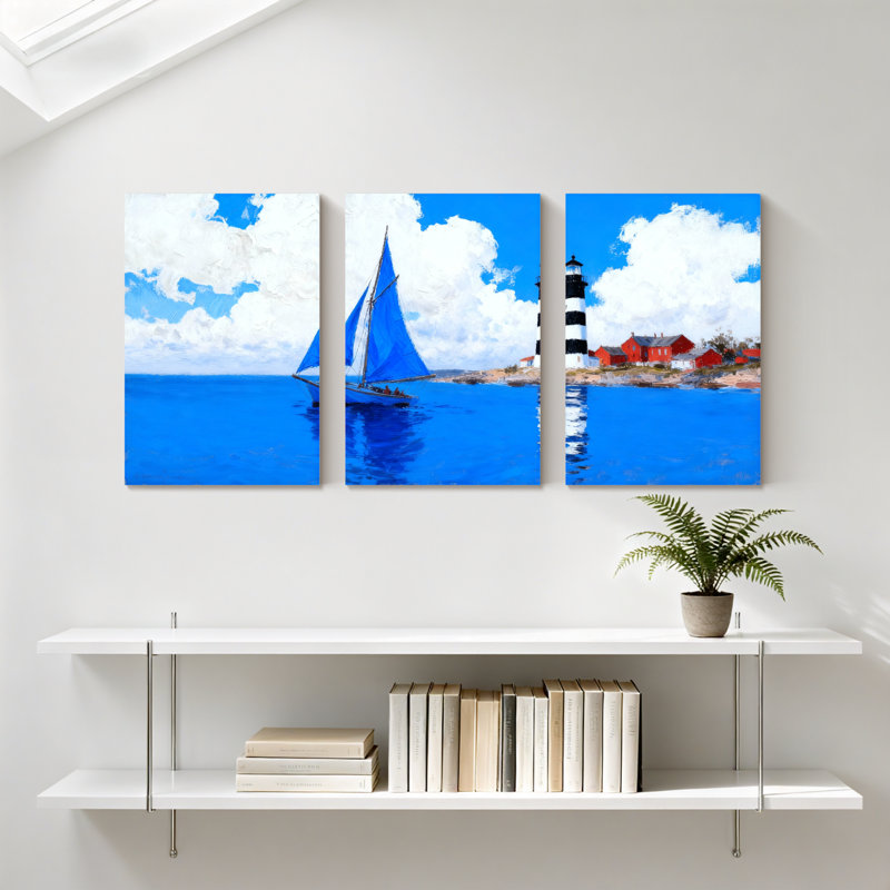 Nautique, voilier, ciel bleu, phare, côte, reflet, eau, nuages, ensemble, de, 3, impressions sur toile, H 24 po x l 48 po