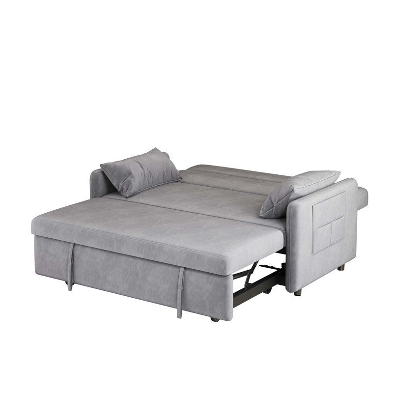 Sofa pull-out bed includes two pillows, Grey Faux Leather