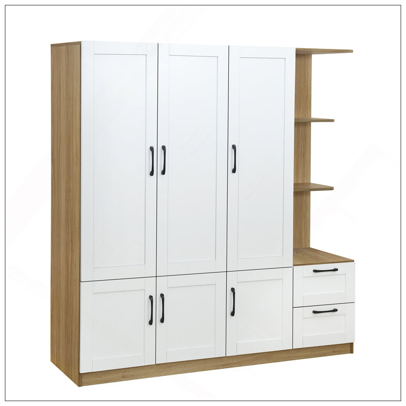 Armoire de rangement à 3 portes en bois pour chambre à coucher avec tablettes et 2 tiroirs, tablettes de rangement latérales