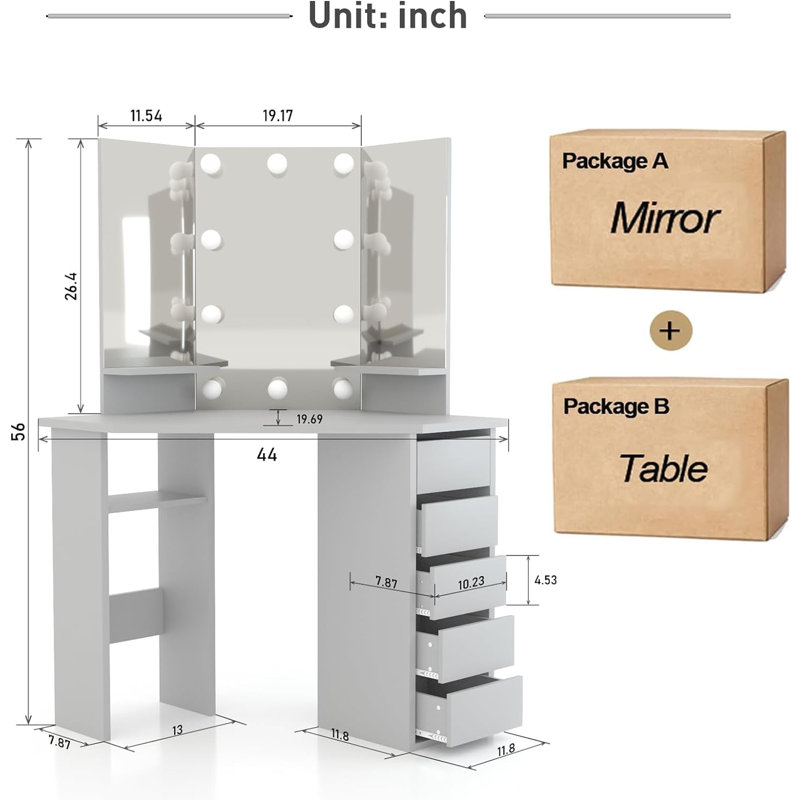 Kialen Modern Corner Makeup Vanity with 10 LED Lights, Tri-Fold Mirrors and 5 Drawers, Gray