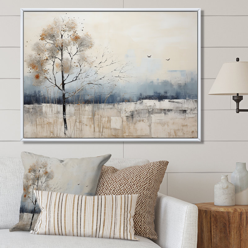 Minimalisme beige et bleu campagne II - impressions sur toile campagne, Cadre naturel flottant, H 16 po x l 32 po x P 1 po