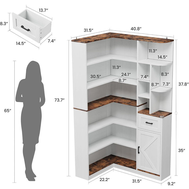 Bibliothèque de coin en L de 74 pouces avec tiroir et armoire, bibliothèque de rangement à 6 niveaux avec tablettes ouvertes,