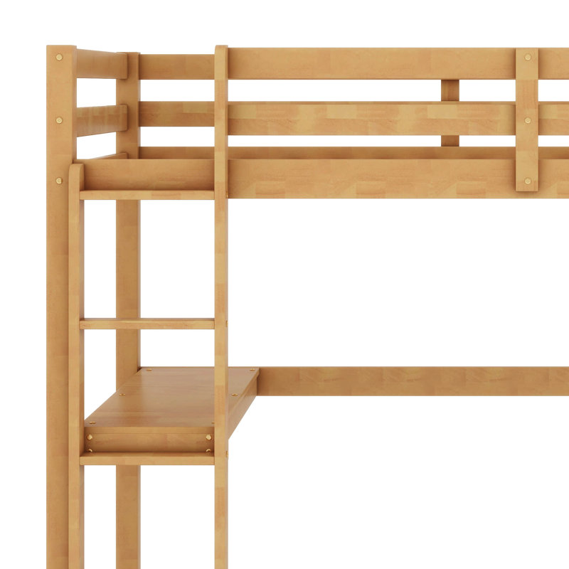 Keean Twin High Loft Bed, Rubber Wood Loft Bed With Safety Guardrail, Built-In Desk, Ladder, White Oak