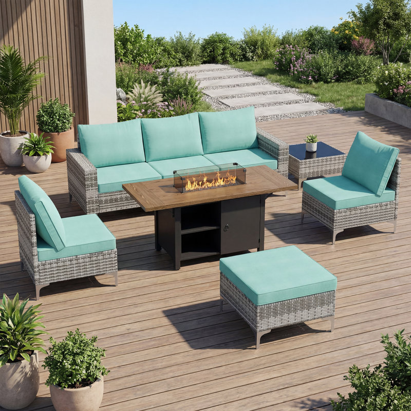 8-piece Outdoor Premium Patio Wicker Sectional Seating Group With Cushions And Firepit Table, Gray, Green