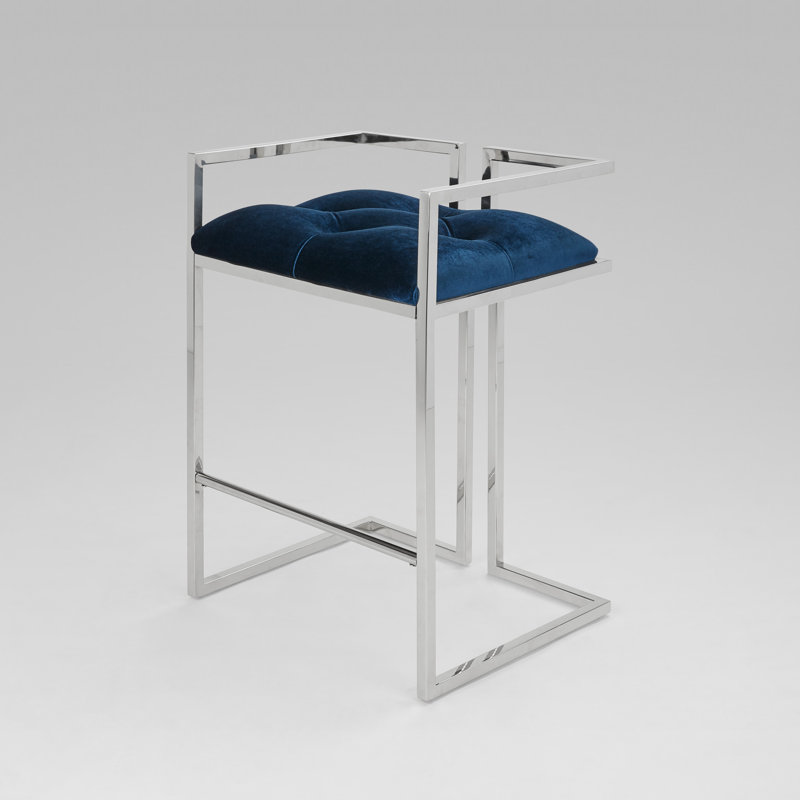 Upholstered Counter Stool with Metal Frame, Blue Velvet