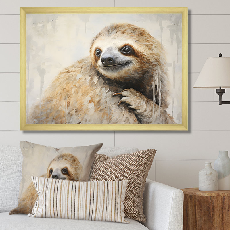 «Thoughtful Sloth I» sur toile, Cadre doré simple, H 24 po x l 32 po x P 1 po