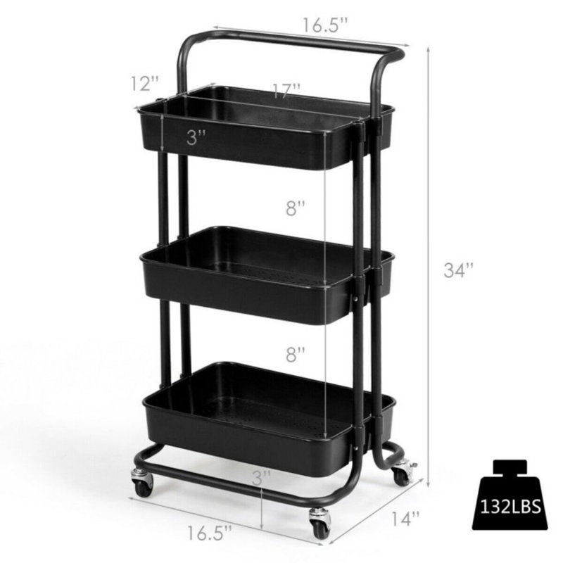 Black 3-Tier Metal Rolling Utility Cart with Casters