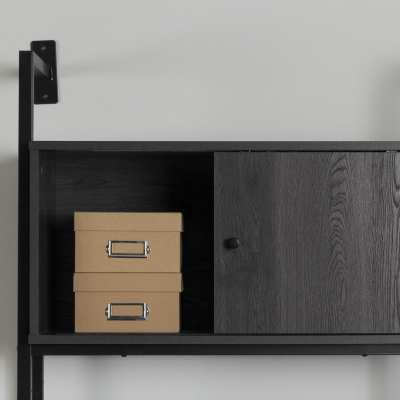 Gray Oak and Black Wall-Mounted Desk with Power Outlets and Storage